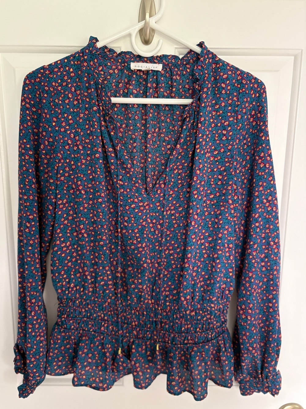 Socialite Teal Pink & Gold Small Floral Ruffled Peplum Top